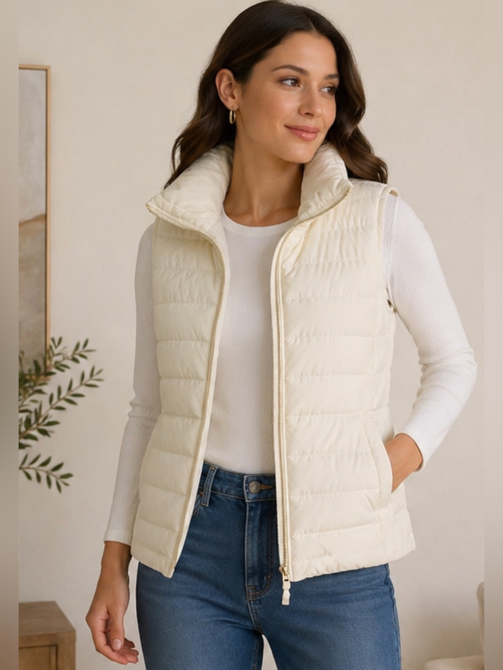 Talbots Cream Quilted Puffer Vest XL Zip Front Pockets Lightweight Down Fil